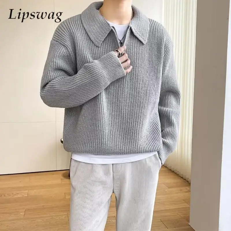 

Стильные свитера поло на молнии, мужские винтажные вязаные джемперы с отложным воротником для мужчин, осенне-зимние модные однотонные топы