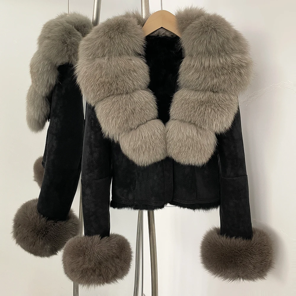 

Women New Large Real Natural Fox Fur Coat Autumn Winter 2025 New Warm Female Suede Coat Thick Retro Rabbit Fur Liner Fur Jacket