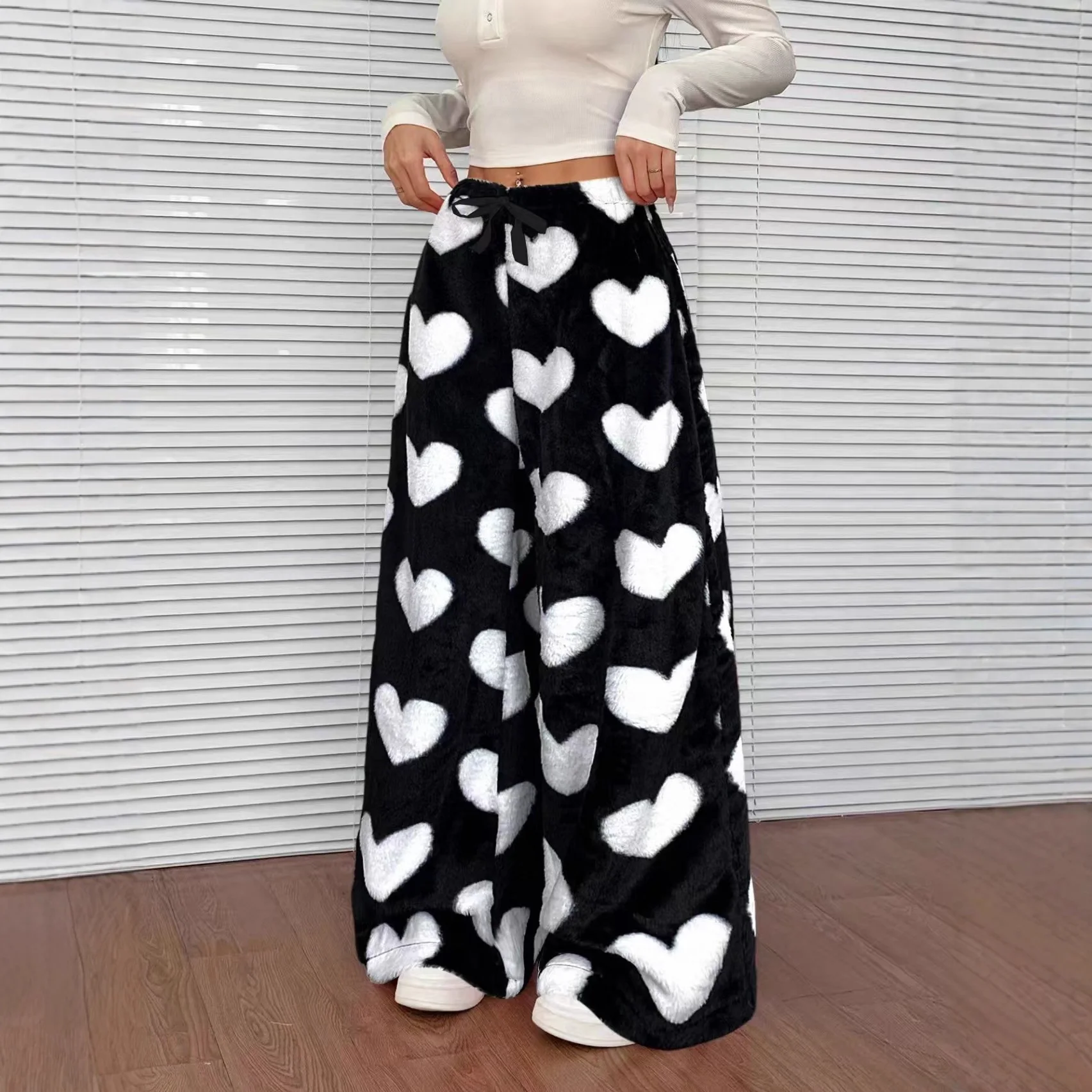 Women Casual Trousers Elastic Waistband Drawstring Tie Pajama Bottoms Leopard Print Wide Leg Lounge Pants