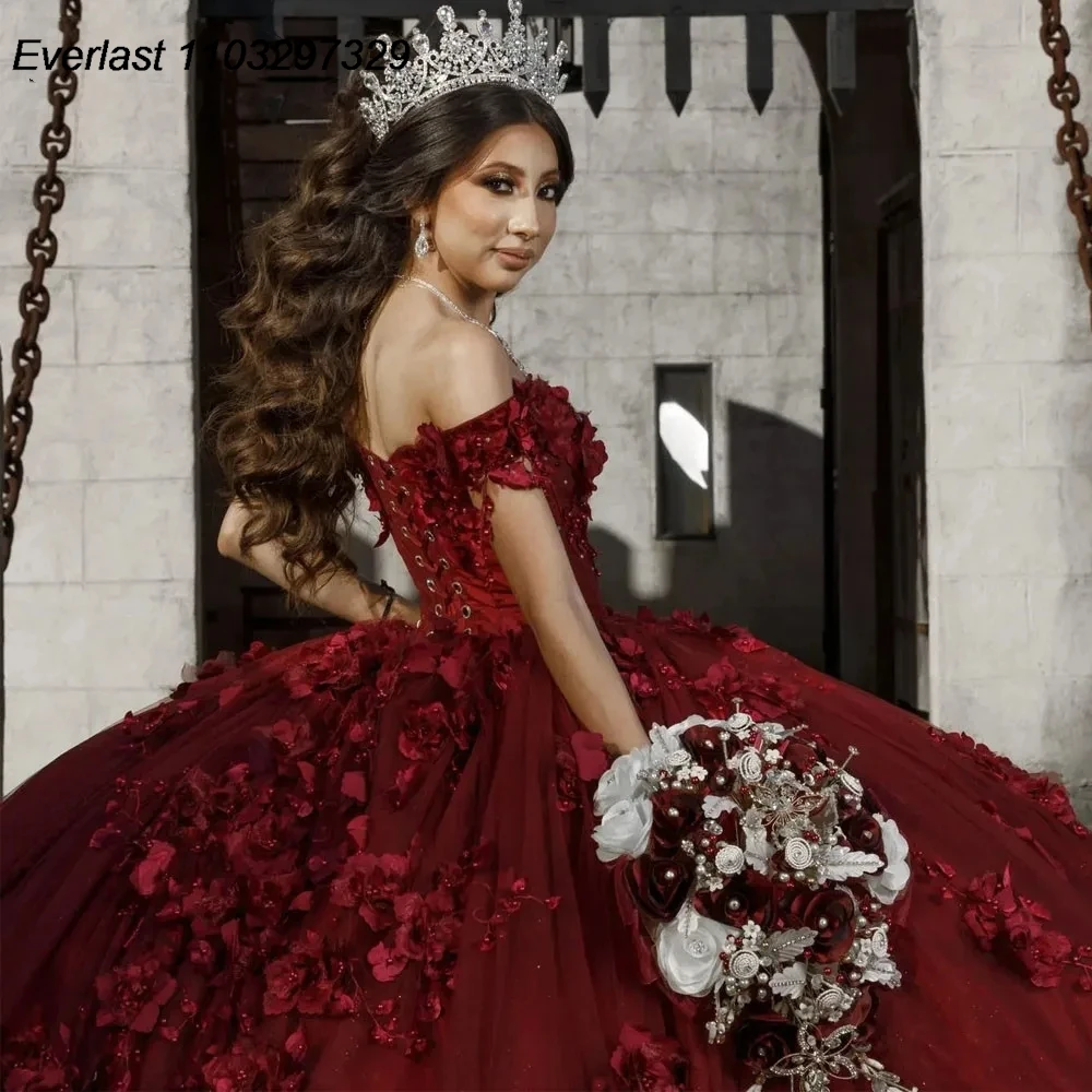 EVLAST Princess Burgundy Quinceanera Dress Ball Gown 3D Floral Applique Beads Mexican Corset Sweet 16 Vestidos De 15 Anos TQD836