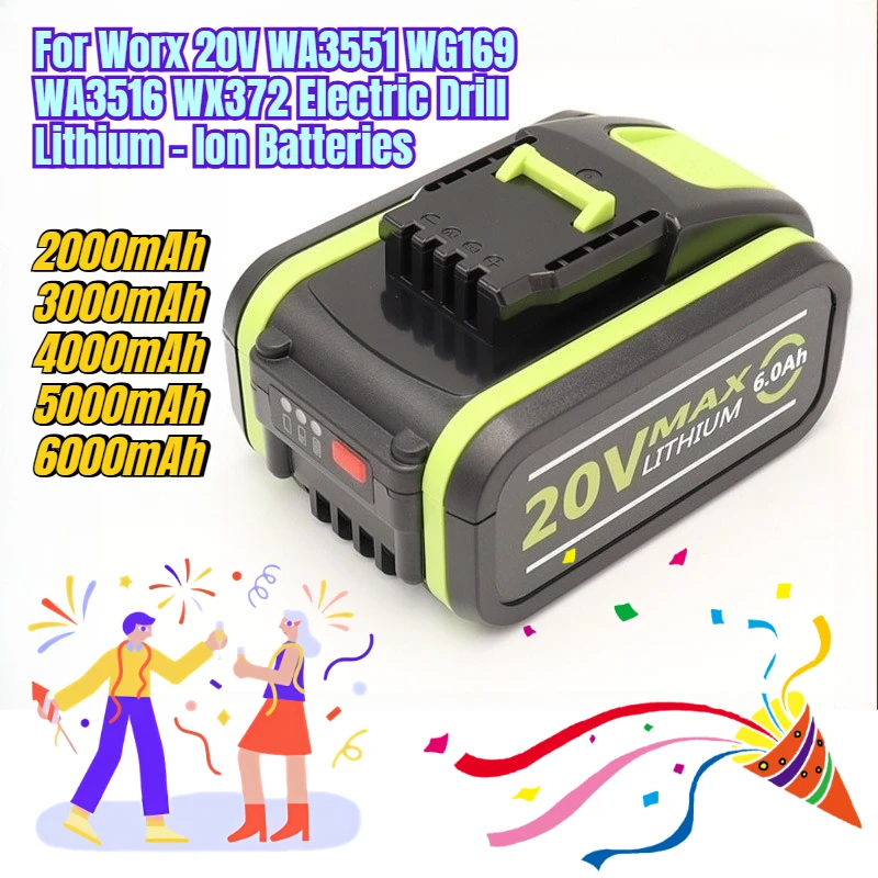 

Multi capacity battery for Worx 20V WA3551 WG169 WA3516 WX372 Electric Drill Lithium - Ion Batteries