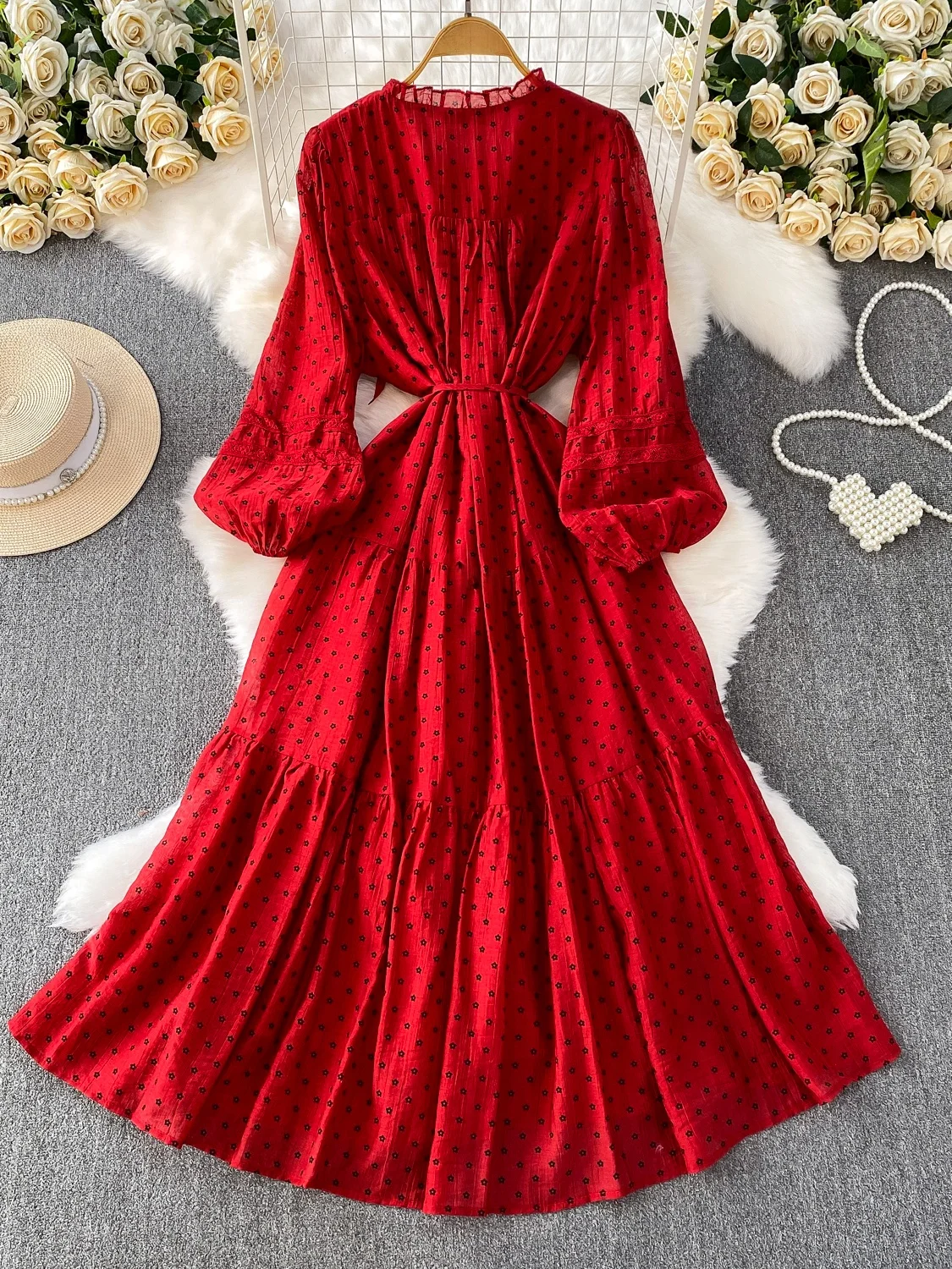 폴카 도트 레이스 긴팔 라운드넥 드레스 여성 가을 벨티드 슬리밍 플리츠 풀 A라인 스커트 출근룩 하이웨이스트