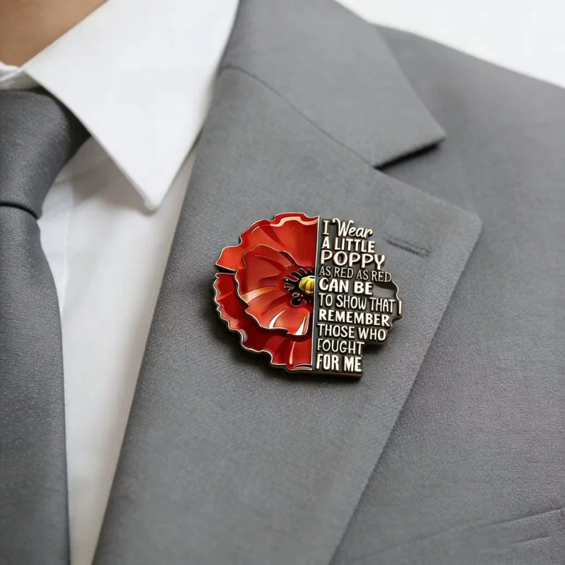 Remembrance Day Red Enamel Lapel Pin, Veteran Memorial Brooch with Quote, Patriotic Jewelry for Wreath, Clothing Decoration