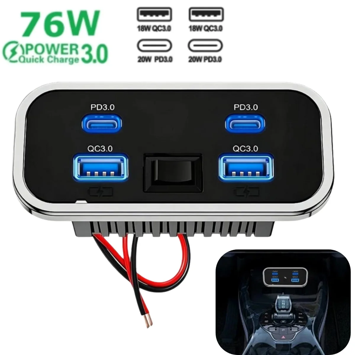 4 Ports Embedded Car Charger Socket, Dual PD3.0 Type C + Dual QC3.0 USB Fast Charging Panel, 12V 24V Touch On/Off Auto Charger