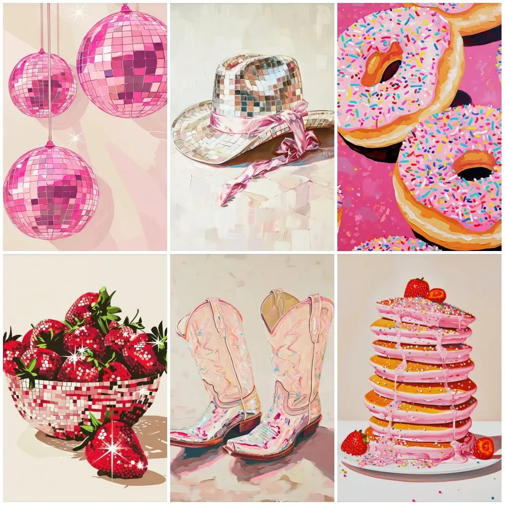 Pink Style Art Poster Cowgirl Hat Disco Ball Dessert Trendy Travel Bow Diamond Painting Wall Prints Picture Dorm Home Decor