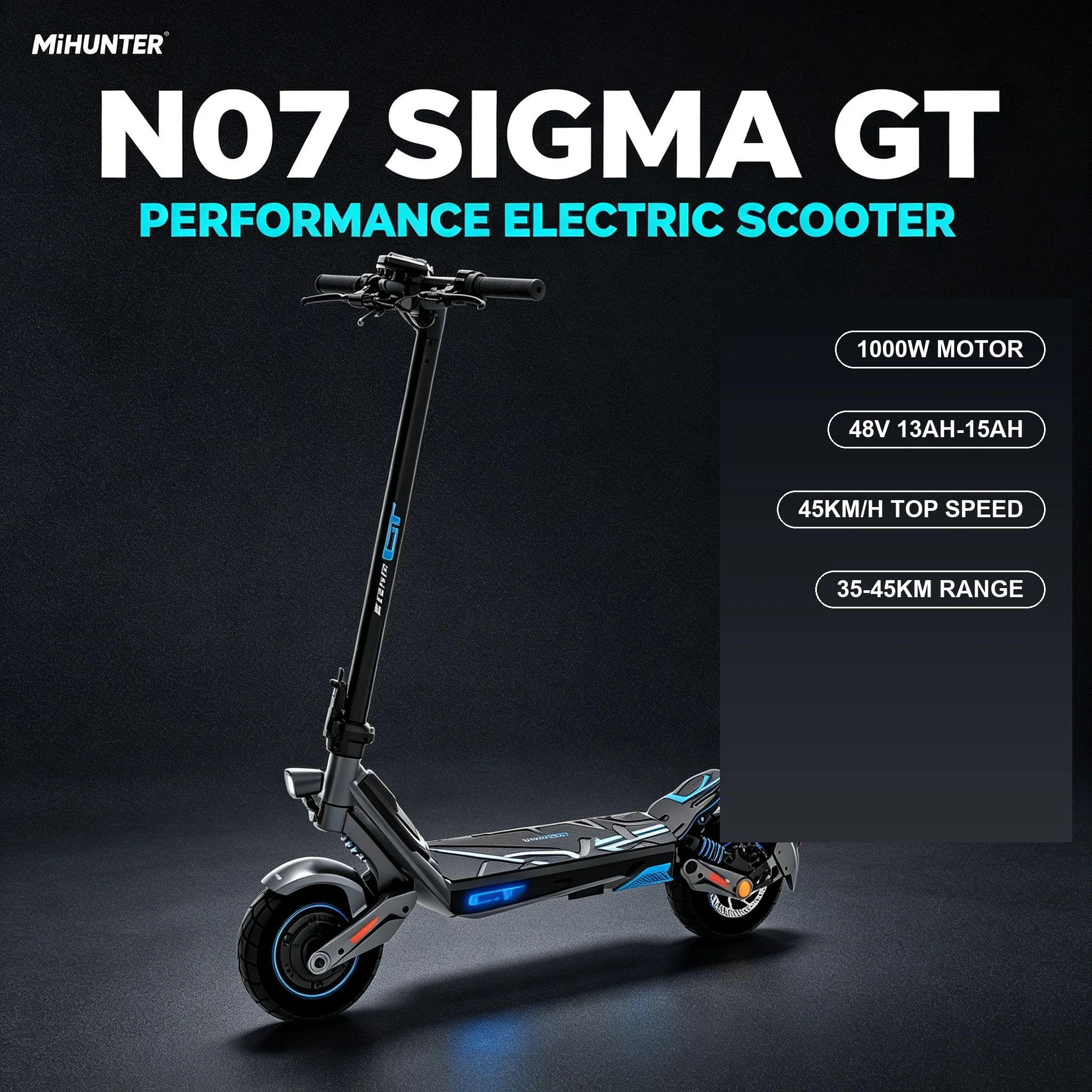 Patinete eléctrico M-HUNTER NO7 GT, motor de 1000 W, batería de litio de 48 V y 13-15 Ah, velocidad máxima de 45 km/h, autonomía máxima de
