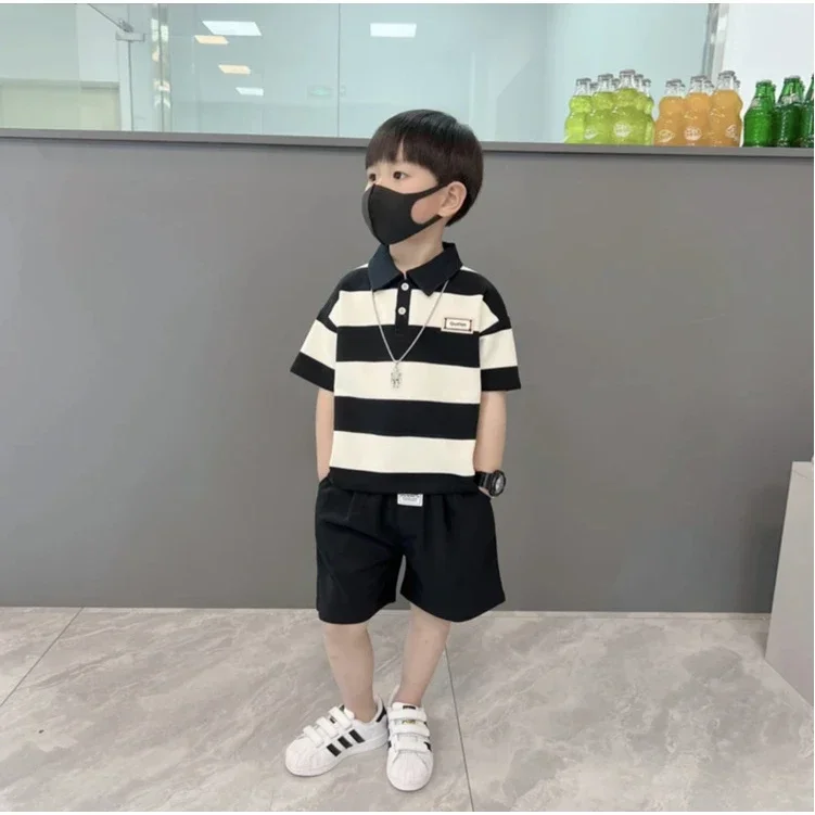 0-4 year old boy POLO shirt set, baby boy stripe short sleeved summer T-shirt+2 shorts Boys\' lapel striped short sleeved