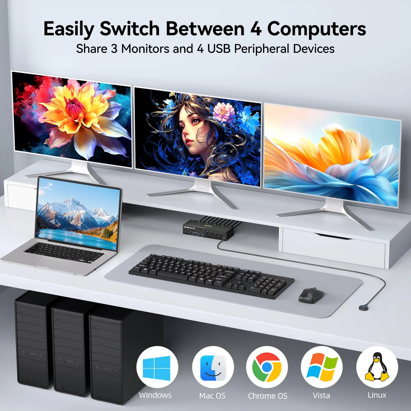 Switch KVM per 3 Monitor e 4 Computer 4K@144Hz/8K@60Hz, Switch Triplo Monitor HDMI DisplayPort con 4 Porte USB 3.0 per Tastiera e Mouse