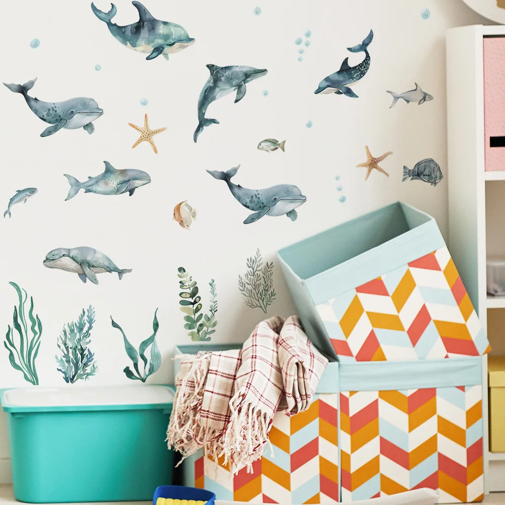 Under The Sea Whale Coral Wall Sticker Ocean Animal Decals Removable   for Baby Bedroom Kids Room Kindergarten Wall Decoration