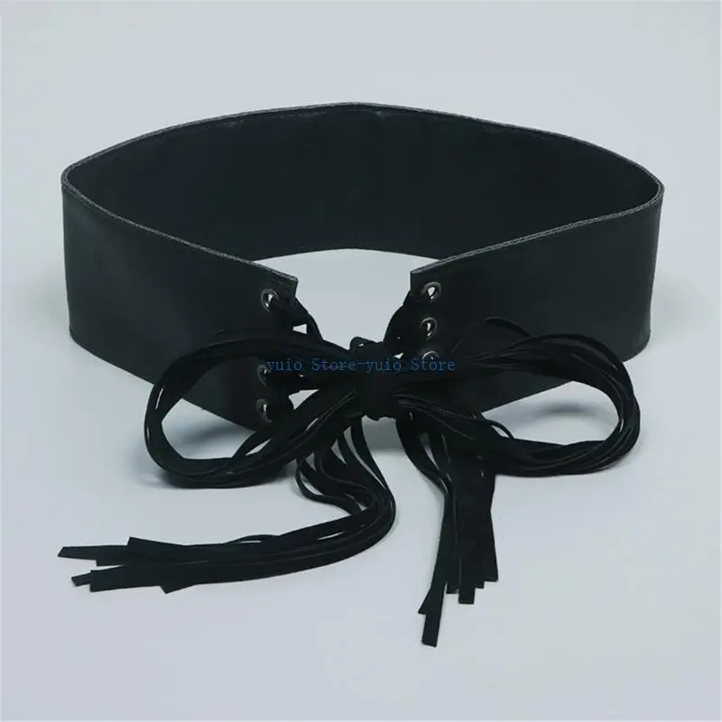 

X7XB Elegant Long Tassels Wide Belt Adjustable Waist Strap Soft PU Tie Corset