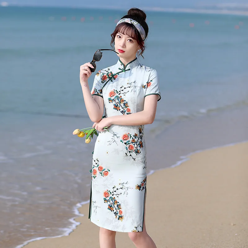 

Women Chinese Traditional Print Social Etiquette Dress Lady Short Sleeve Qipao Vintage Button Female Cheongsam