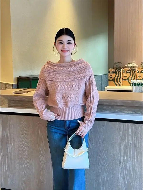 

Женский вязаный свободный свитер, мягкий уютный зимний новый свитер, нежный ветер, длинная теплая одежда на одно плечо, све