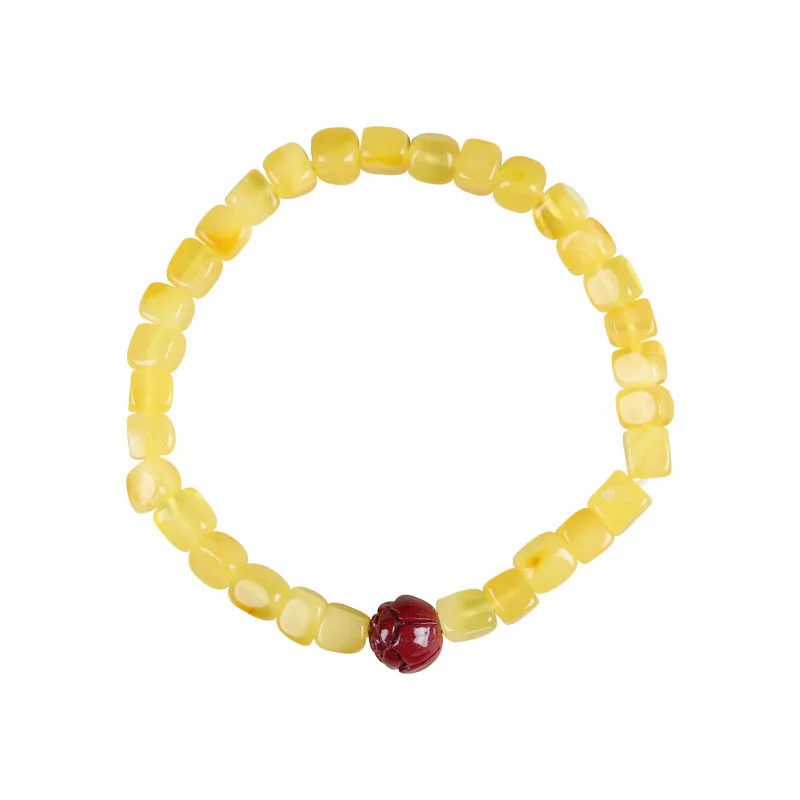 Natural Amber Irregular Square Bead Bracelet with Purple Gold Sand Lotus Bead Lucky Bracelet for Men and Women Gifts