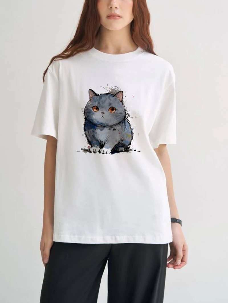 

Women's Loose Cotton Couple Style Cat Print Blue Short Sleeved Shirt Suitable for Daily Casual Wear Spring and Summer Wear