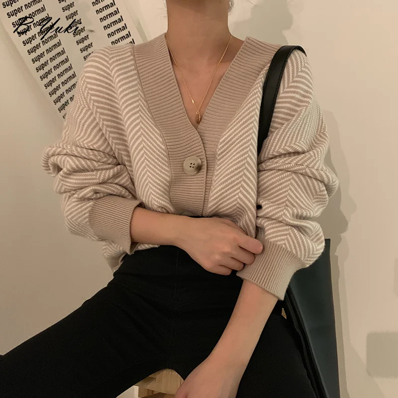 Blessyuki Oversized Loose Soft Knitted Cardigan Sweater Women Vintage Striped V-neck Long Sleeve Sweaters Female Korean Chic top