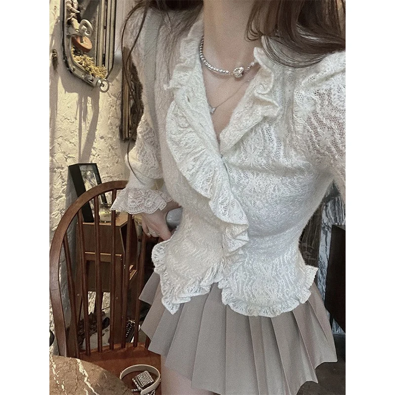 MEXZT Vintage Lace Shirts Women Streetwear Ruffles Tunic Crop Tops Blouses Sweet Korean Elegant Long Sleeve Slim Casual Blouses