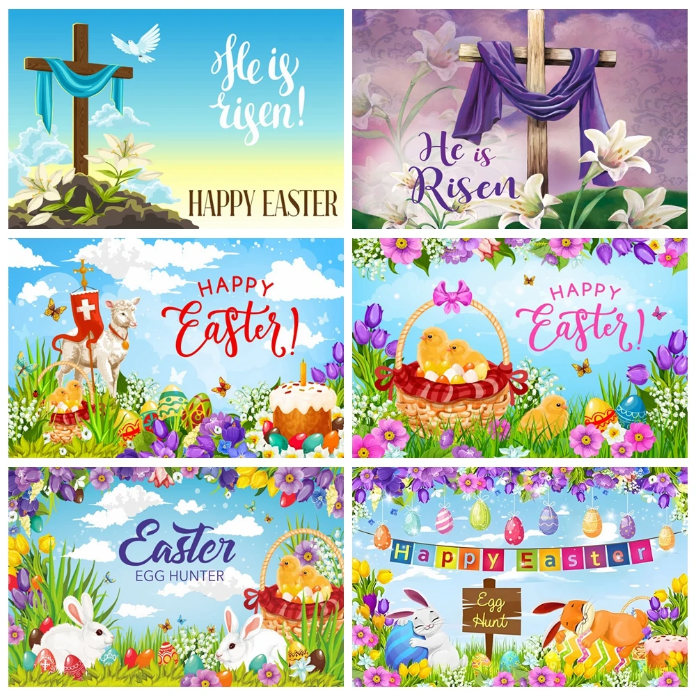 

Spring Easter Photography Backdrop He Is Risen Jesus Cross Religious Flowers Rabbits Grass Baby Shower Background Photo Studio