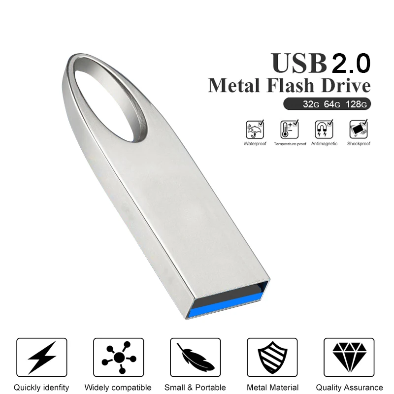Metal USB Flash Drive Pendrive 16GB 32GB 64GB High Speed Memory Stick USB2.0 Disk 128GB waterproof Key Ring metal stick key