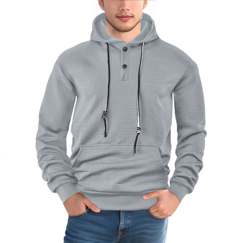 B&C Men Hoodie Sweatshirt Long Sleeve Pullover with Button Neck and Herringbone Pattern Casual Top for Daily