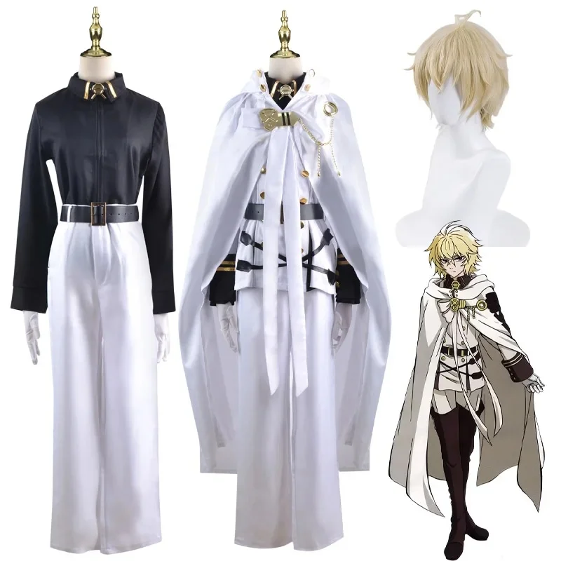 kmn2 Anime Seraph of The End Mikaela Hyakuya Cosplay Costume White Uniform Cloak Wig Halloween Party Cos for Men p;,l2 view 3