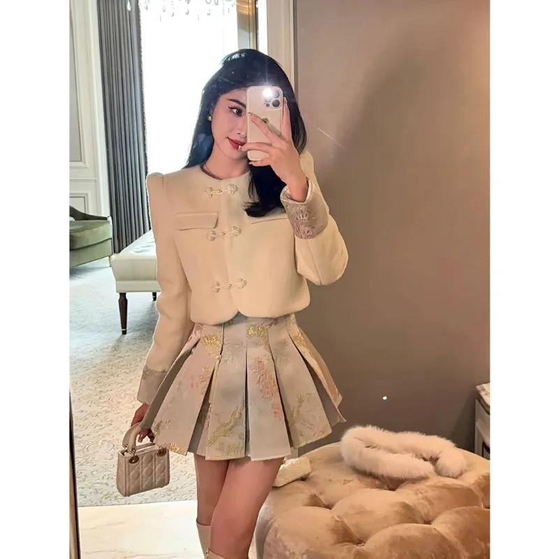 

New Chinese O-neck Woolen coat Pleated Skirt Two-piece Set Women Print Single Breasted Sweet Temperament Gentle Slim Winter Suit