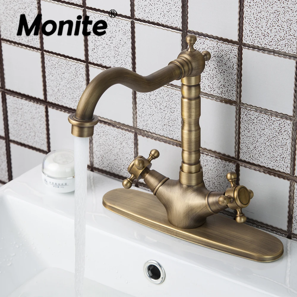 Monite 360 Swivel Antique Brass Bathroom Faucet Double Handles Cover Plate Hose Basin Sink Kitchen Torneiras Cozinha Mixer Tap