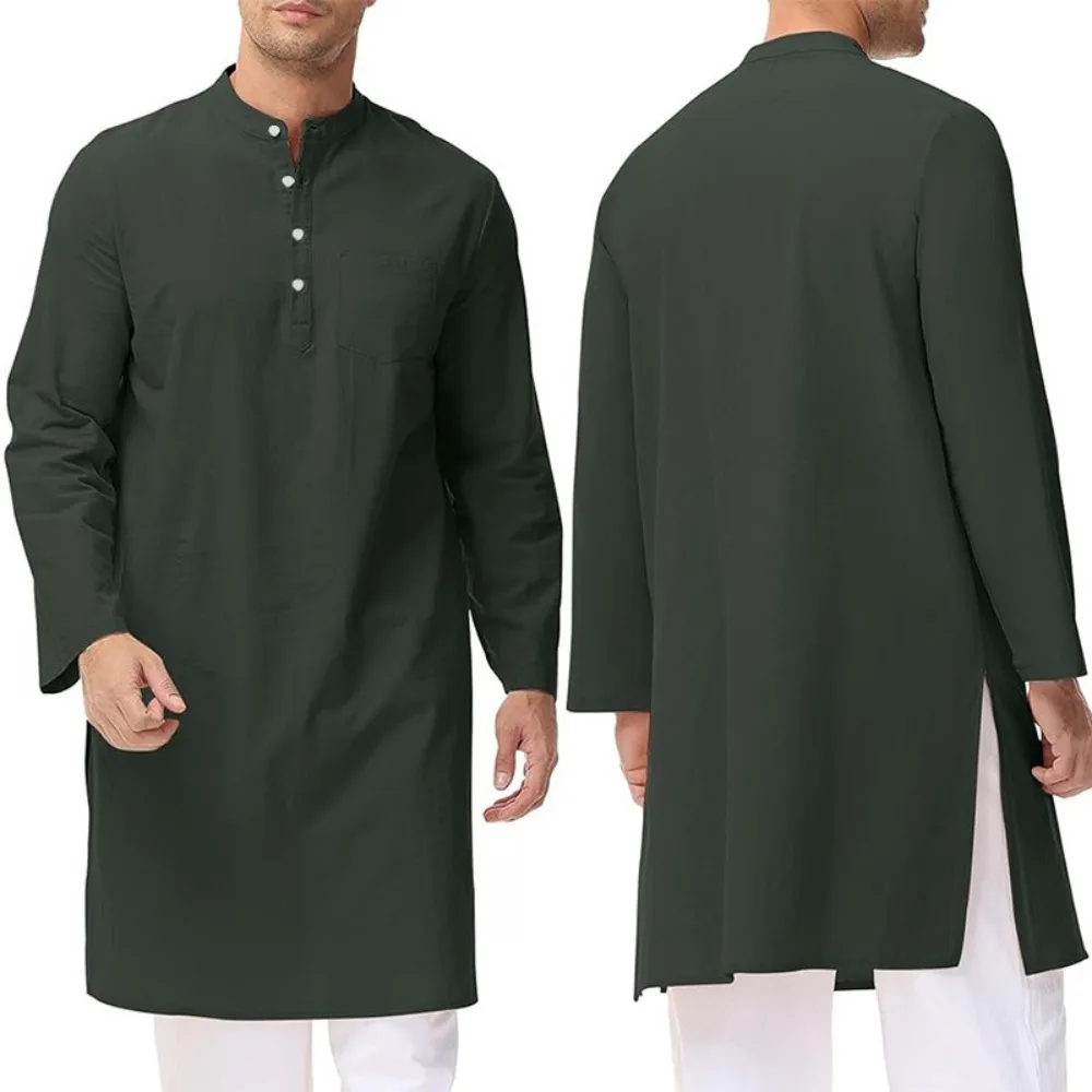 

Mens Cotton Ethnic Long Sleeve Robe Side Slit Button Up Henley Shirt