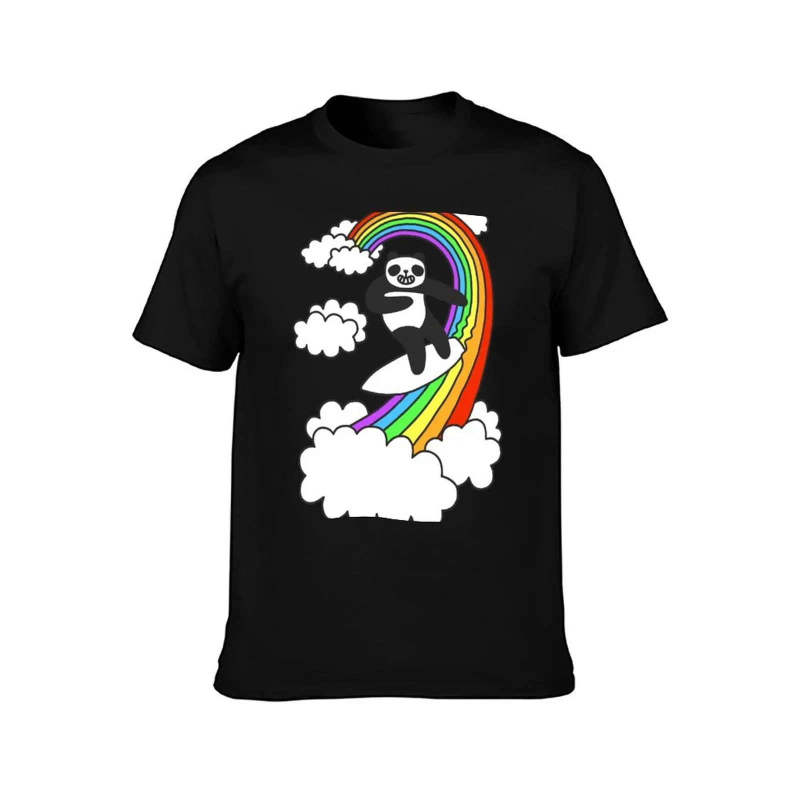 Pandas Surf Rainbows T-Shirt, Summer Casual Cotton Tee, Oversized Streetwear Tops, Vintage Graphic Print, Loose Fit Short Sleeve