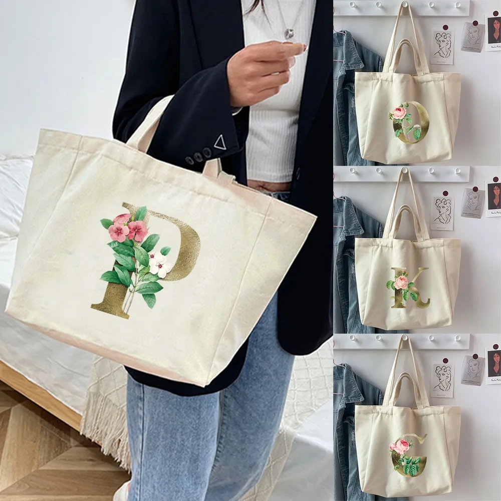 

Shopping Bags Foldable Ladies Canvas Shoulder Bags Golden Flower Letter Name Printed Student Handbag Travel Work Totes Bags