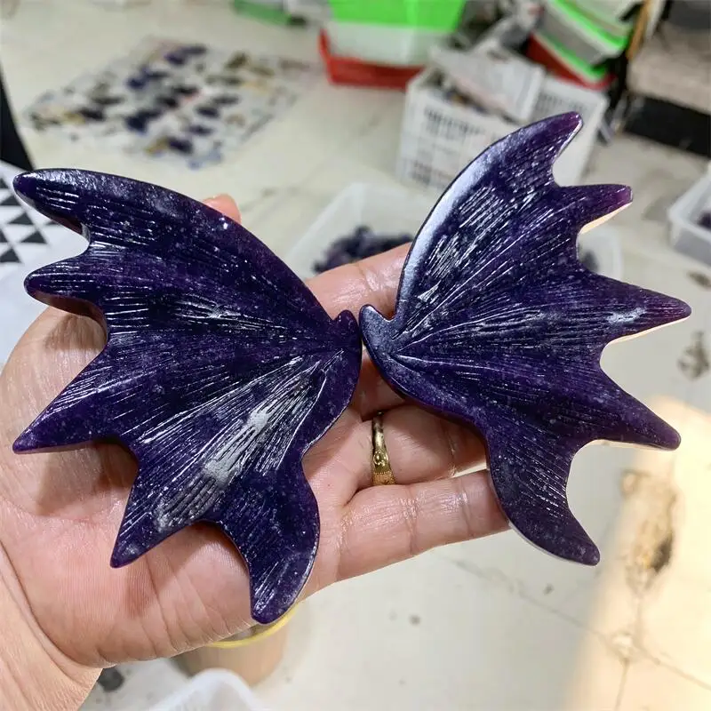 Natural Lepidolite Bat Wings Crystal Animal Carving Crafts Healing Energy Stone Fashion Home Decoration Gift 1pair