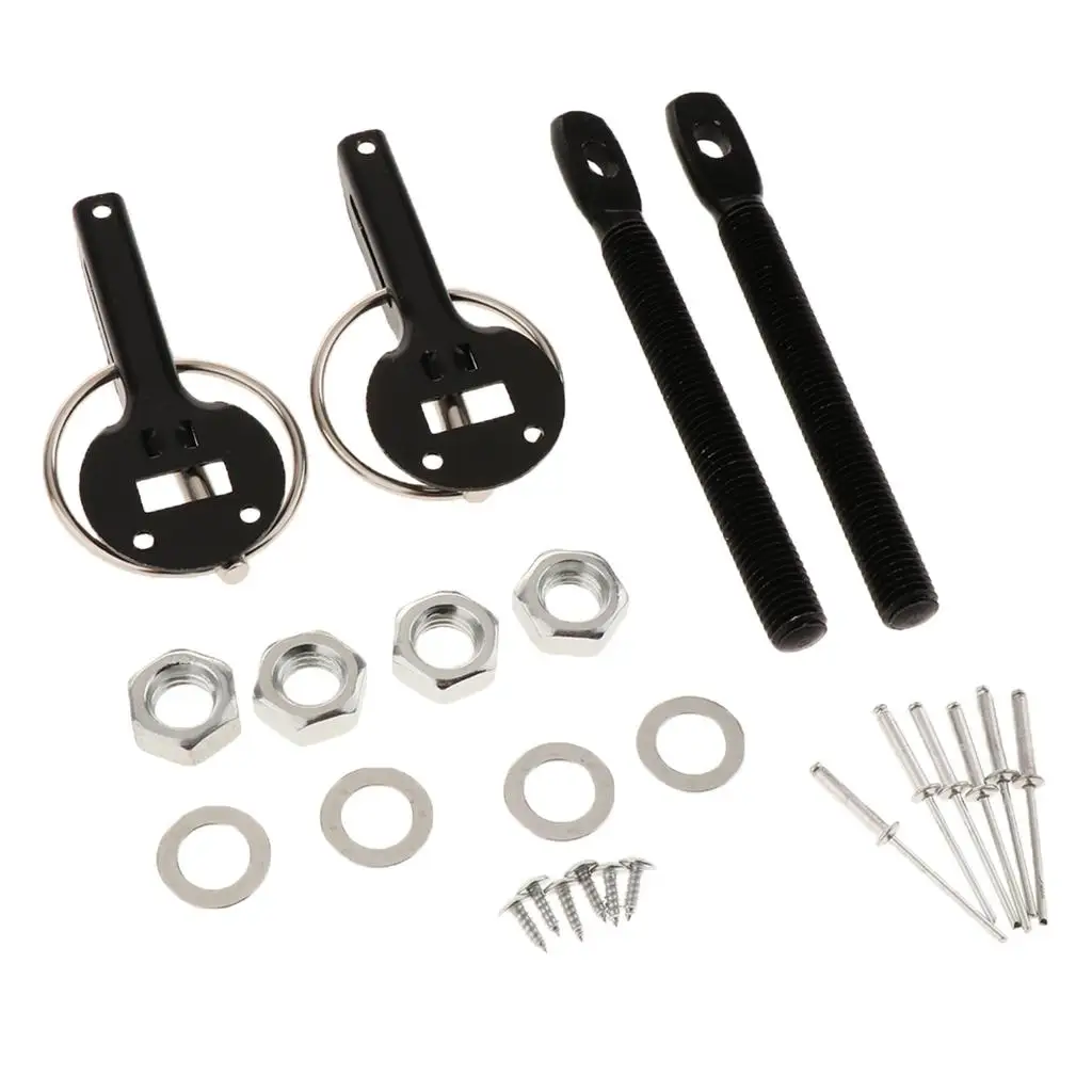 Alloy Metal Key Latch Black 1 Kit/Set Mount Bonnet Hood Catch Universal Pin Locking Racing Sport