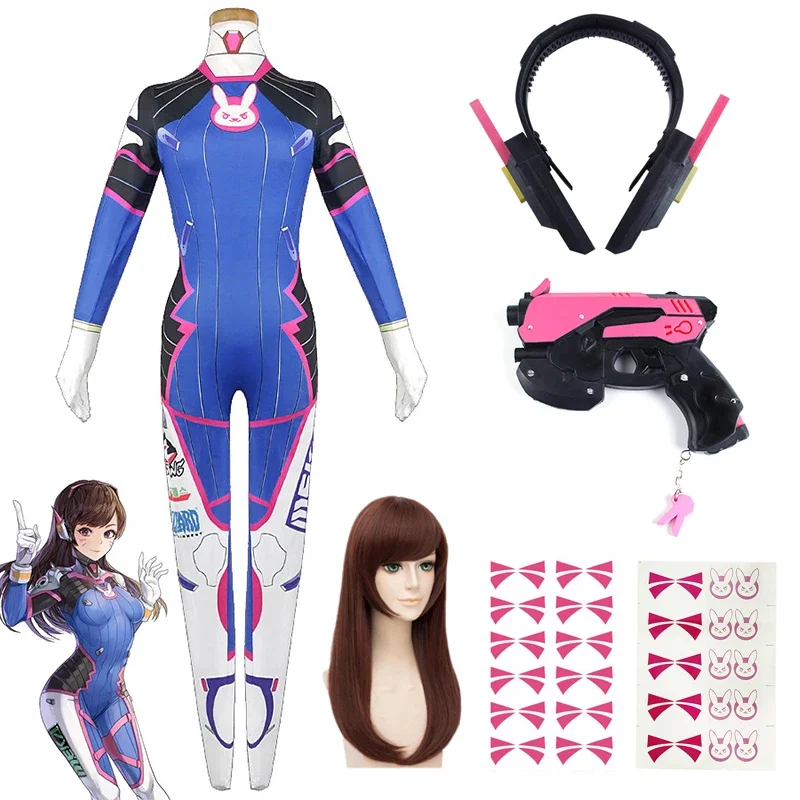 เกม Overwatch Dva คอสเพลย์เครื่องแต่งกาย Tights Jumpsuit วิกผมหูฟัง Gun Cosplay Props สติกเกอร์รอยสักชุดผู้หญิงปาร์ตี้ Zentai Cos