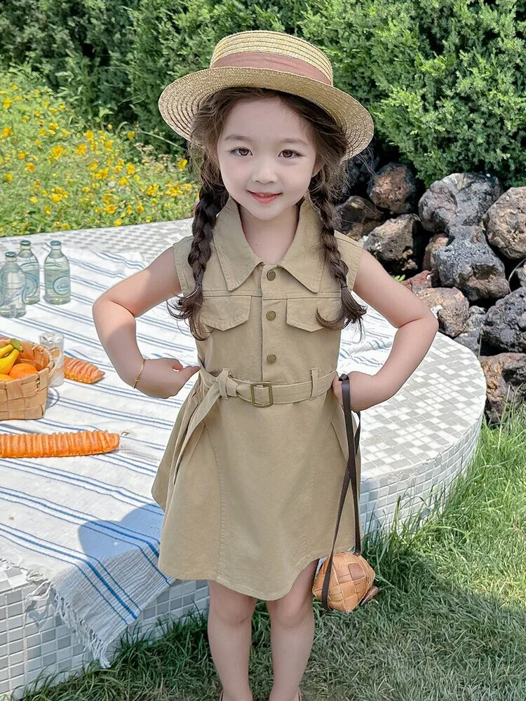 Girl\'s Birthday khaki cotton Sleeveless Dress Summer Thin 2024 New Children\'s Fashionable Loose Waist Tank Top Casual Dresses