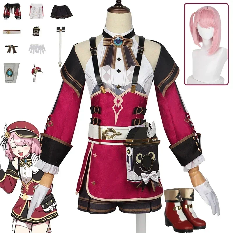 

Game Genshin Impact Charlotte Cosplay Costume Wig Shoes Full Set Uniform With Hat Halloween Carnival Party Outfit