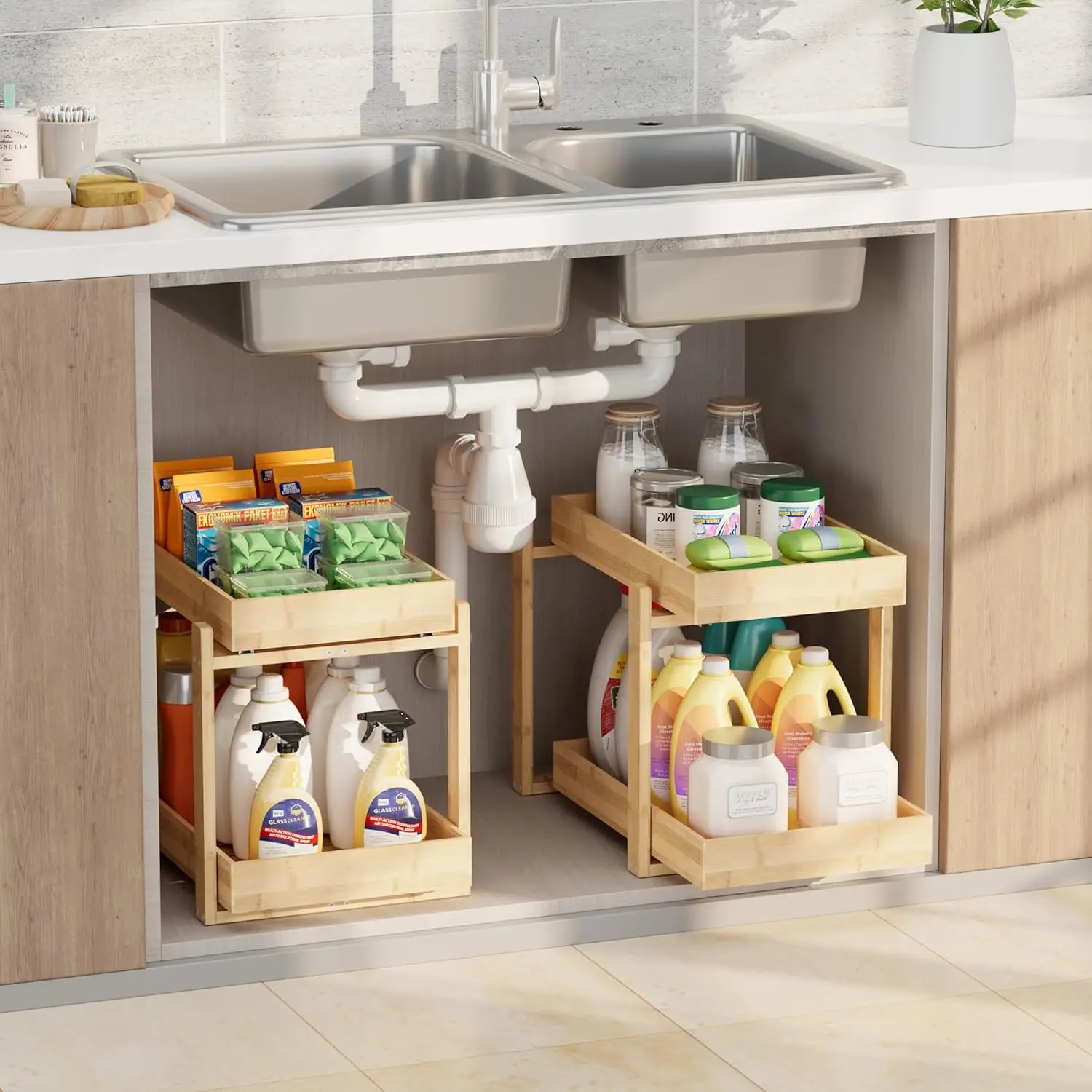 

Bamboo Wood Under Sink Organizer 2 Pack, Pull Out Cabinet Organizer 2 Tier Under Sink Organizers and Storage with Slidin