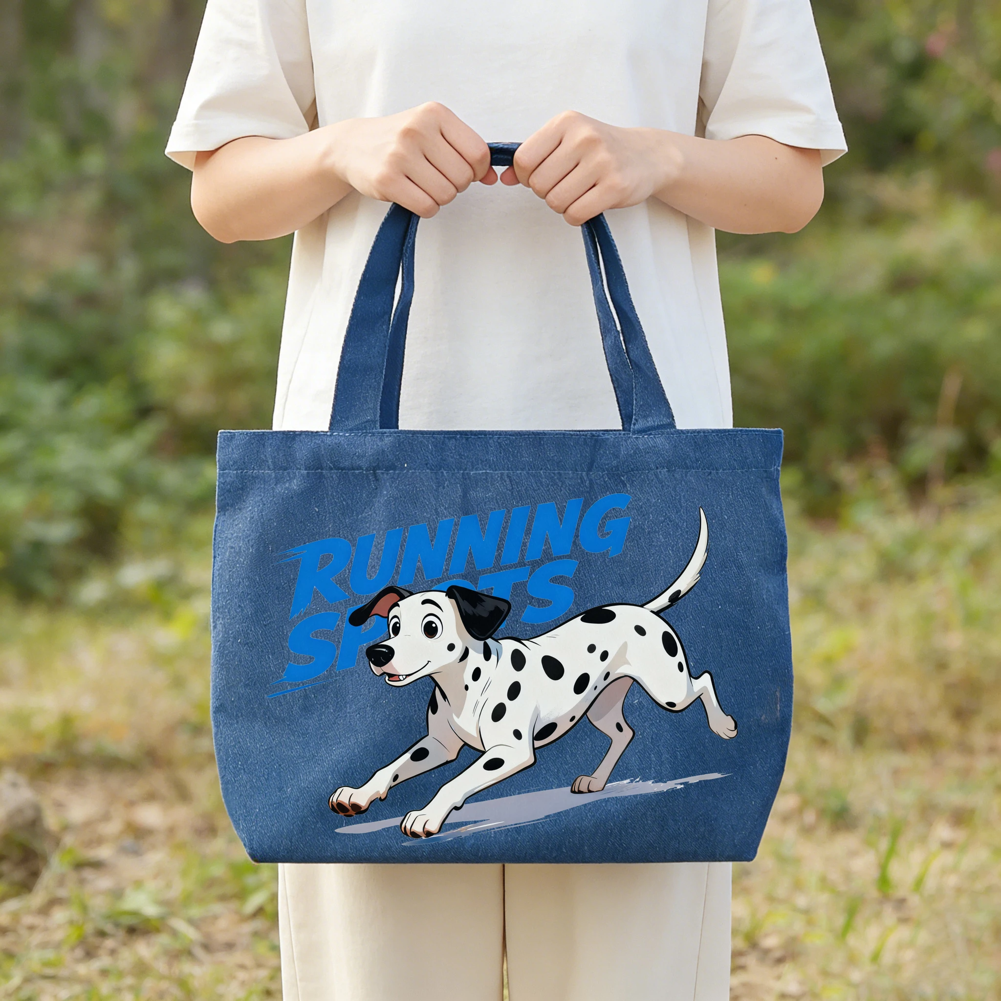 1pc sports style spotted dog denim canvas tote bag, casual commuting shopping portable shoulder bag.