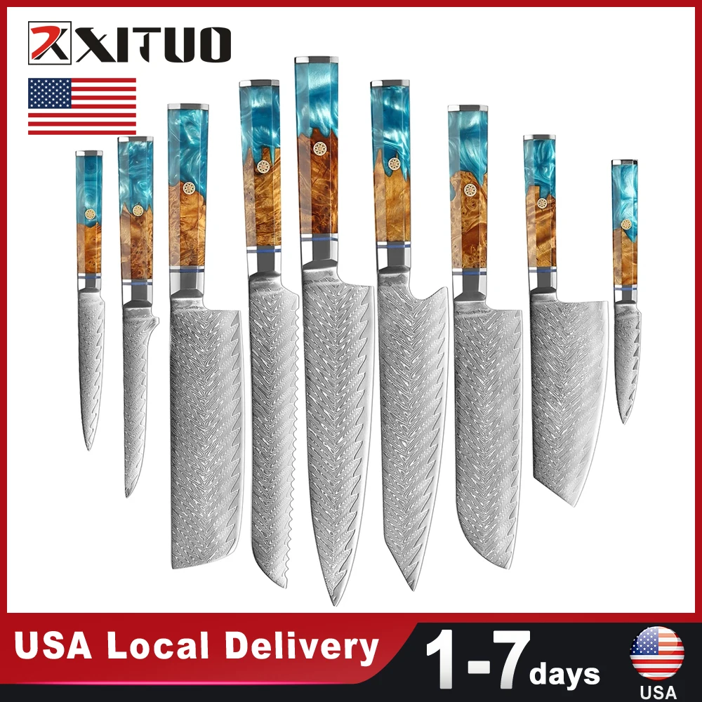 USA Warehouse Fast Shipping Damascus Steel 9PC Knives set Blue Resin Wood Handle Kitchen Stainless Steel Sharp Tool Chef's Knife