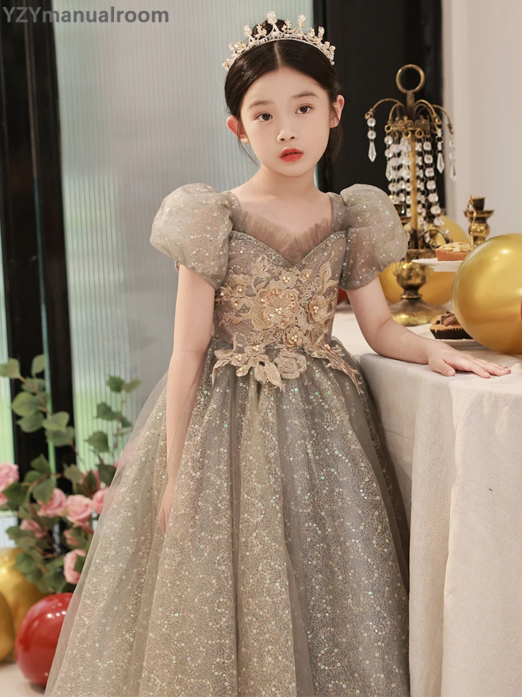 Girls' dresses, piano performances, flower children's little girls, light luxury, high-end fluffy gauze princess dresses