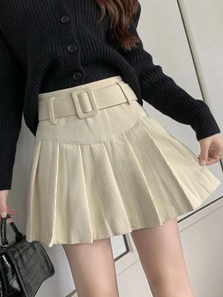 Sweet Belt Pleated Skirt Women Vintage Preppy Style Slim Corduroy Mini Skirt Fall Winter Casual Female Cute Dance A Line Skirt