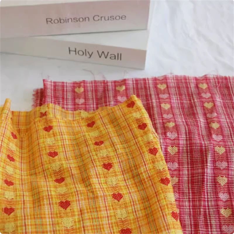 Summer pleated thin breathable yellow red peach heart woven embroidered pure cotton fabric DIY