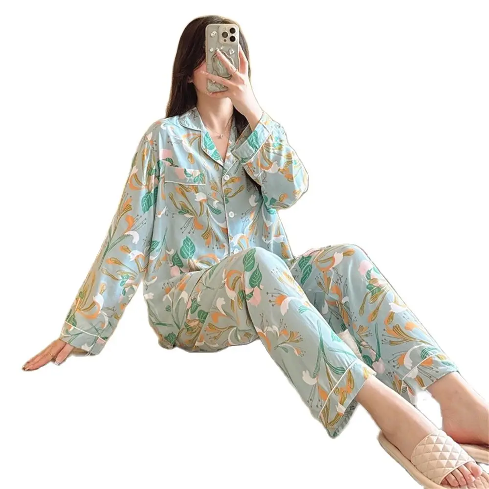 

Spring Summer New Large Size Viscose Two Piece Pajamas Women's Long-sleeved Pants Sleepwear Suit Girl Cute Sweet Homewear Set