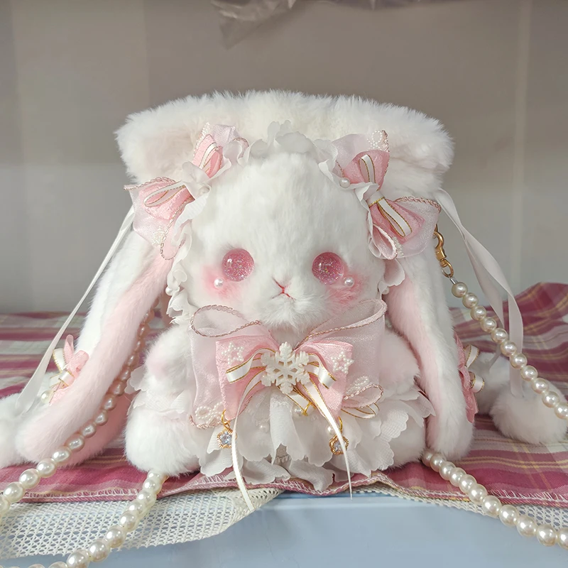 Sweet Cute Girl Japanese Original Lolita Doll Rabbit Bag Doll Feeling Plush Drawstring Diagonal Span Bag Large Capacity Backpack