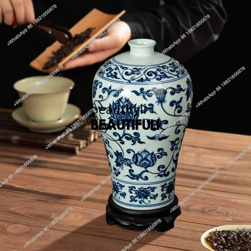 ss8350 Ceramic vase ornament living room flower arrangement blue and white porcelain tangled lotus plum vase ornament