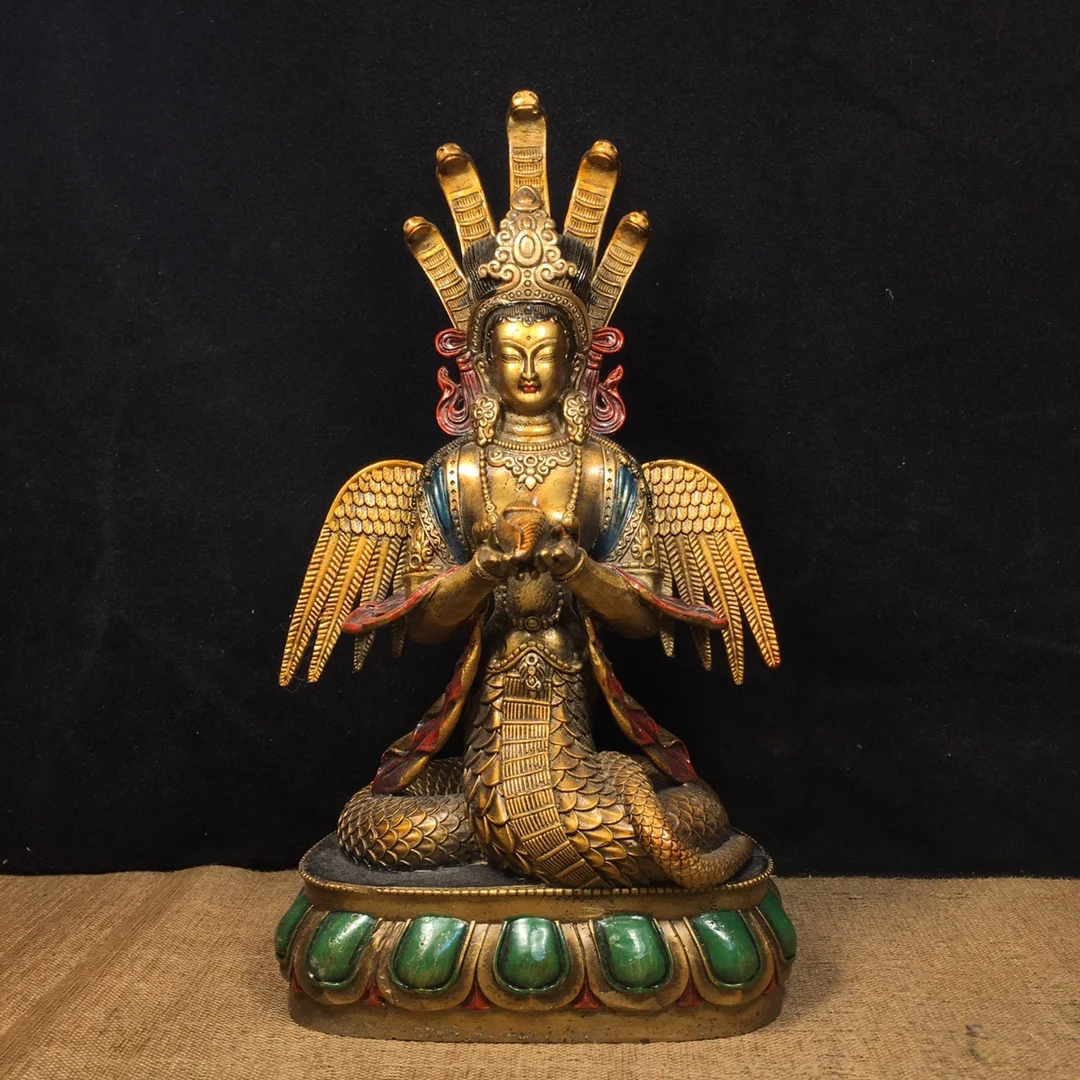 Estatua de bronce pintada de 10 pulgadas de Nagarjuna Nuwa, la Reina Serpiente, hada serpiente de cinco cabezas, para el salón de culto o la casa.