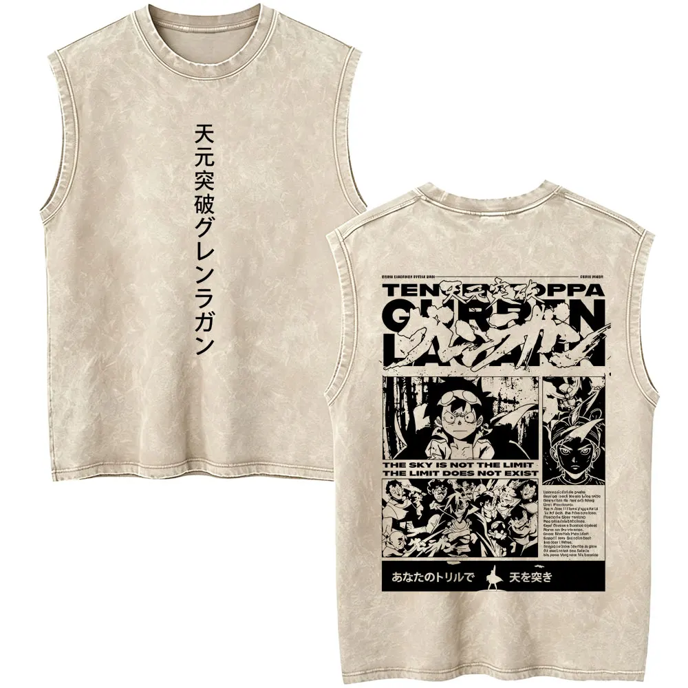 Anime Tengen Toppa Gurren Lagann Simon Vintage Washed Tank Tops Men Women Cartoon Oversized Sleeveless Vest T-shirt Streetwear