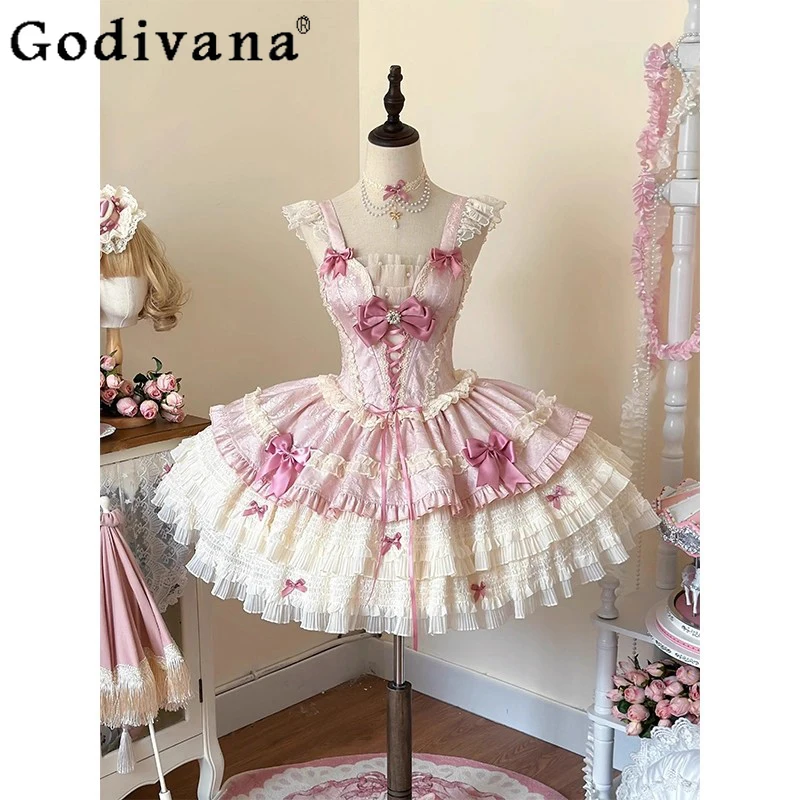 Daily Wear Princess Lolita Dress for Girls Pink Cute Sweet Lolita JSK Dress Women's Sleeveless Birthday Party Mini Dress