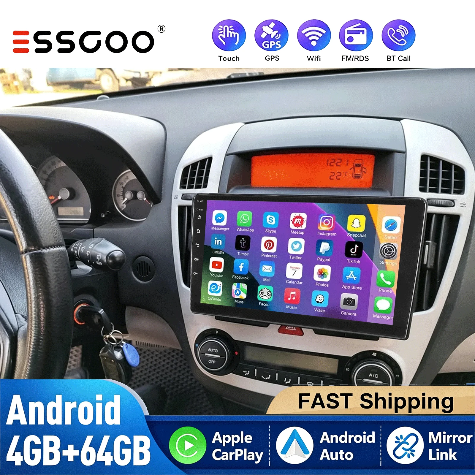 ESSGOO 4+64G Per KIA Cee'D ED 2006-2009 CarPlay Wireless Android Auto Radio Sistema Intelligente GPS NAVI WIFI RDS SWC RDS BT DAB+ Telecamera