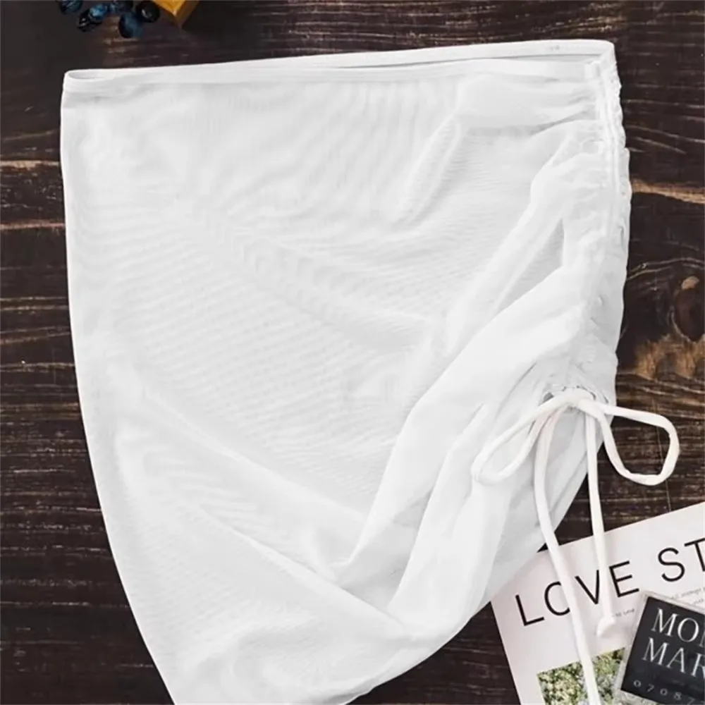 New Translucent Swimsuit Beach Skirt Mesh Drawstring Solid Ruffled Overskirt Hip Skirt Seaside