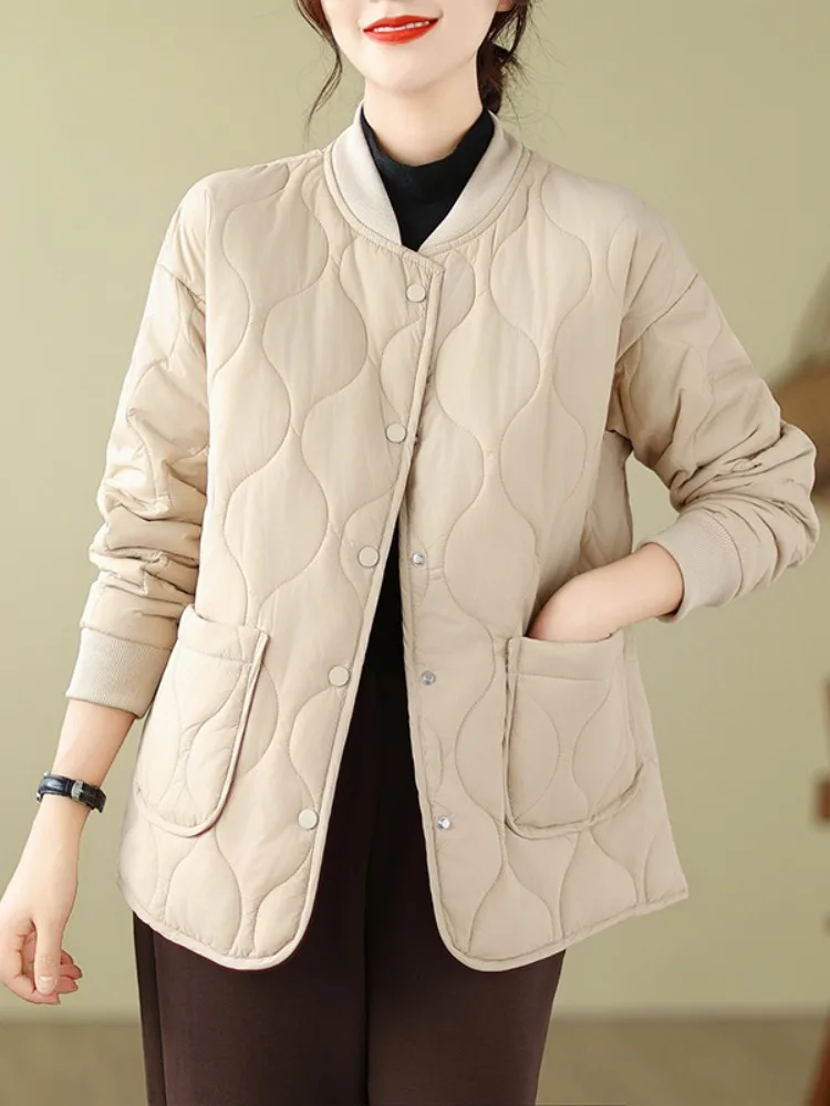 

Lightweight Padded Cotton Jaet Baseball Collar Casual Winter Coat for Women Thiened Long Sve Single Button Closure