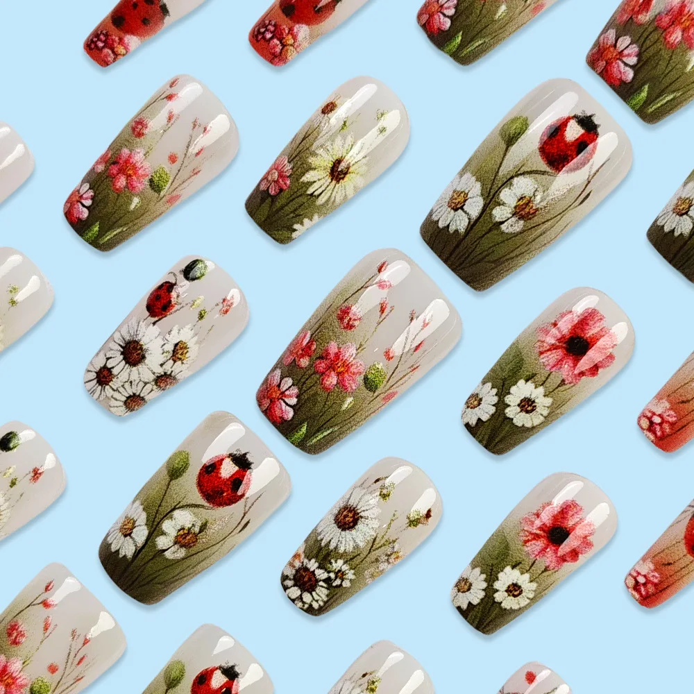 24pcs Spring Flowers False Nails Cute Ladybug Print Gradient Green Fake Nails Wearable Detachabe Square Press on Nails for Girls